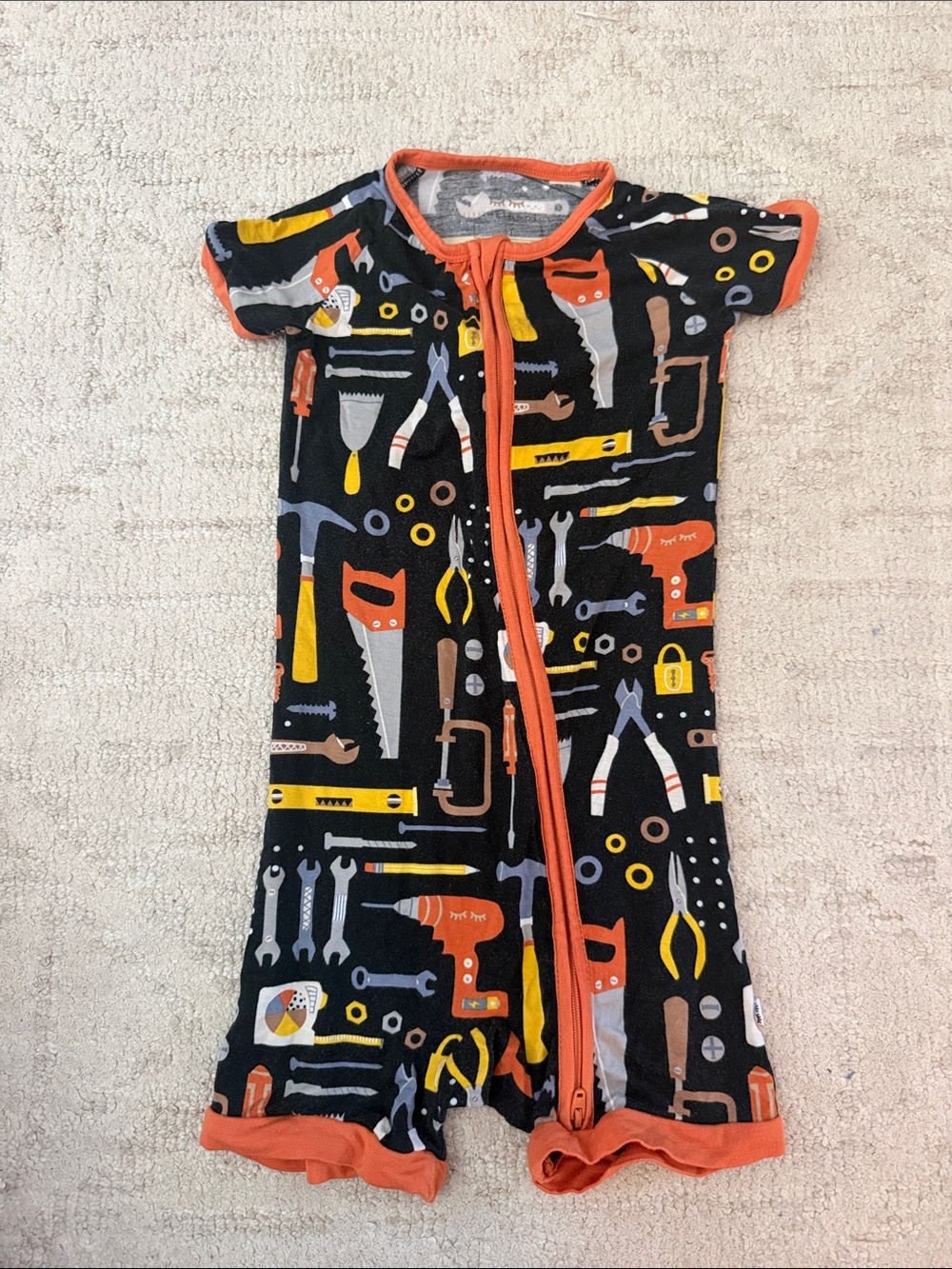 Little Sleepies Black Tool-Print Short Sleeve Pajama Romper - Orange Trim